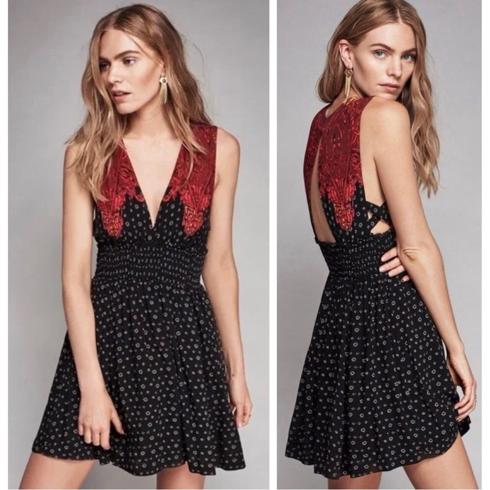 Free People Walking Through My Dreams Cut Out V-neck Black Red Mini Dress size S